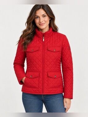 Tommy Hilfiger Women’s Large Red Quilted Utility Jacket NWT 4 Pocket Full Zip